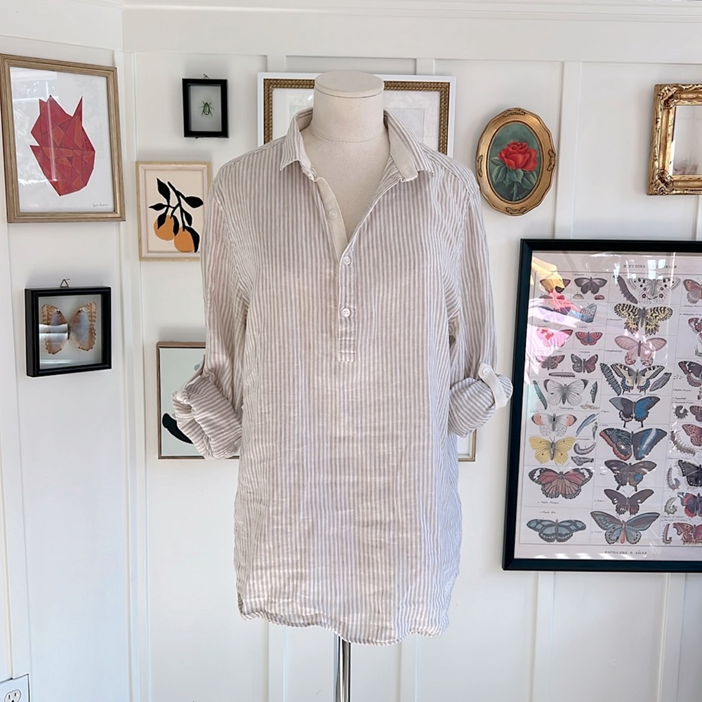 H&M Linen Cotton Top Blouse / Tunic Top, Tan & White Stripe, Size S